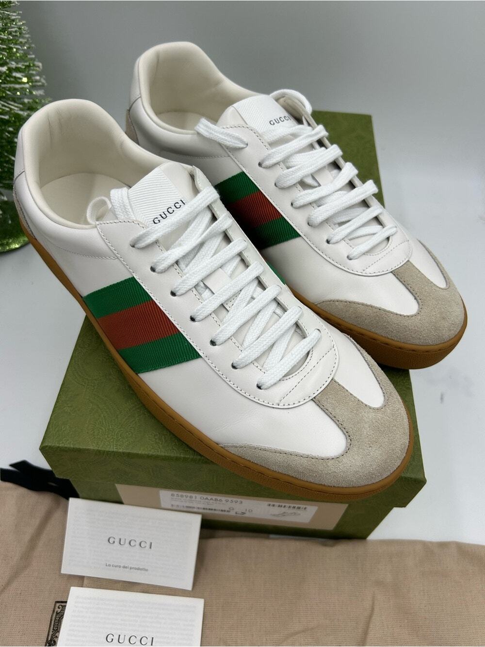Men's Gucci G 74 leather/suede low top web stripe sneakers size 10 made in Italy